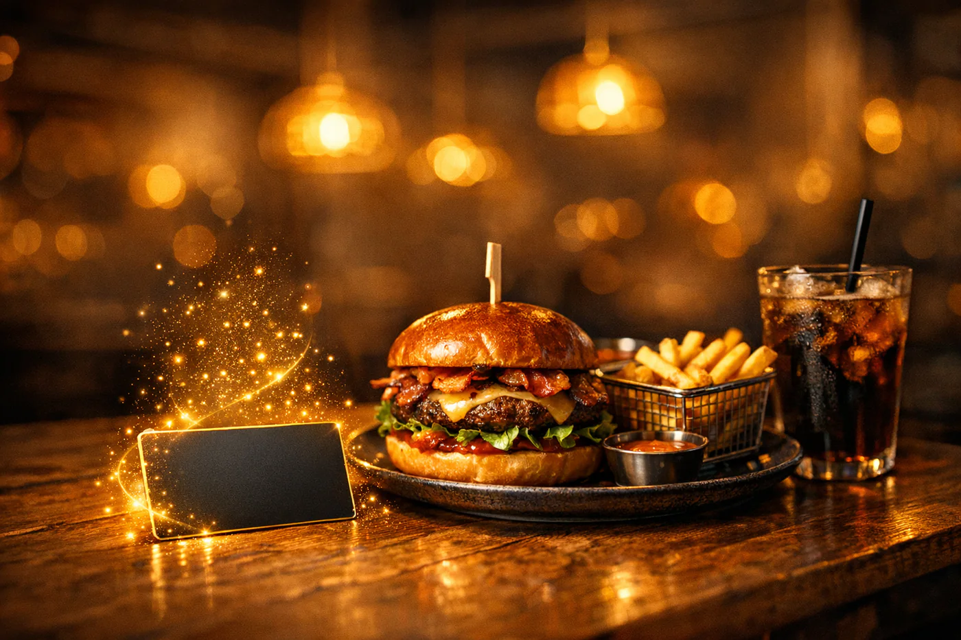 Tarjeta de regalo junto a una hamburguesa en un restaurante