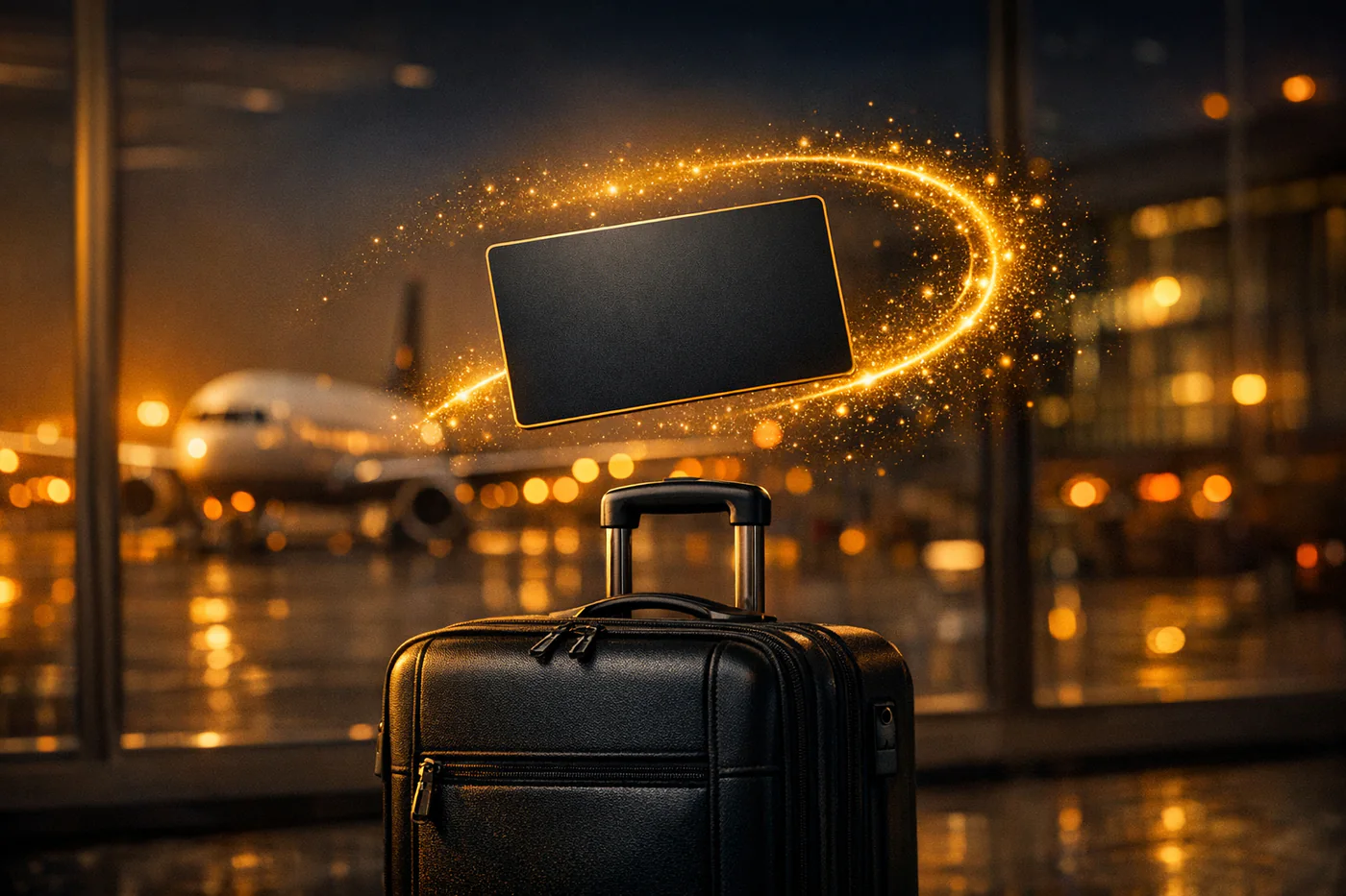 Tarjeta de regalo sobre una maleta en un aeropuerto de noche