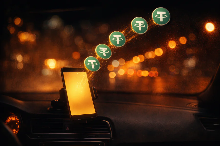 Monedas USDT salen de un teléfono en el tablero de un auto de noche