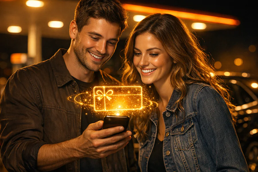 Un miembro muestra su teléfono a una clienta con una tarjeta de regalo holográfica encima